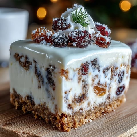 Creamy Christmas Cheesecake Slab dotted with dried fruit on a crunchy digestive biscuit crust. 