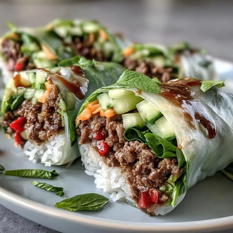 Freshly rolled Thai Basil Beef Rolls stacked on a platter, served with a spicy lime dipping sauce.