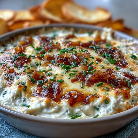 Golden, bubbly Smoked Gouda & Onion Dip bakes in a dish, topped with fresh green chives.
