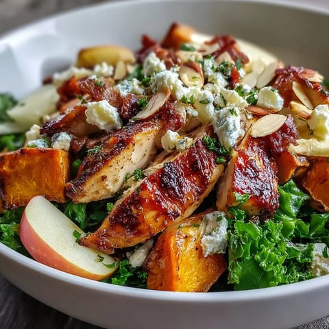 Fall Sweet Potato Harvest Bowl with roasted chicken, caramelized sweet potatoes, and crumbled goat cheese ready to serve.