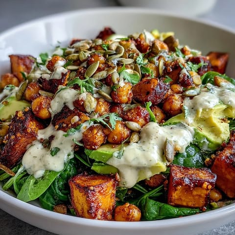 Roasted Sweet Potato and Chickpea Bowl with caramelized veggies, crisp legumes, garlicky spinach, and creamy smoky chipotle tahini dressing.