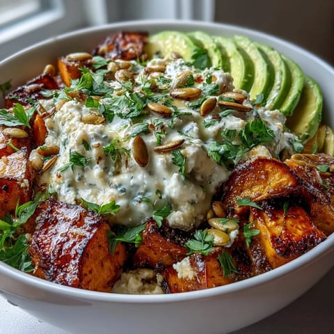 Golden roasted sweet potato cubes with crispy edges, creamy avocado slices, and cottage cheese in a bowl, drizzled with spicy-sweet hot honey.
