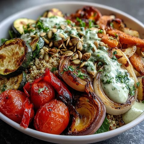 Golden roasted vegetables like red bell pepper and zucchini sit on fluffy quinoa in a white bowl, with creamy tahini sauce drizzled on top.