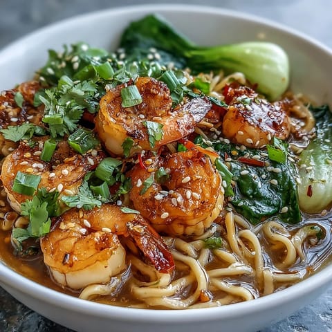 A steaming Asian Noodle Bowl with Shrimp and Scallops, featuring tender seafood, crisp vegetables, and fresh cilantro garnish.