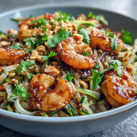 A freshly tossed Asian Noodle Bowl featuring succulent shrimp, crunchy carrots, zucchini, and aromatic herbs, served warm.