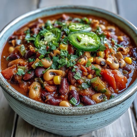 Hearty Black-Eyed Pea Chili simmering in a rustic pot, garnished with fresh cilantro and a dollop of sour cream.
