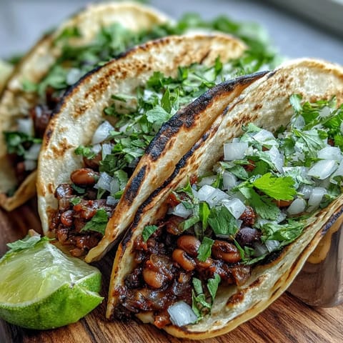 Warm Black-Eyed Pea Tacos stuffed with seasoned mash, fresh cilantro, onion, and salsa on a plate.