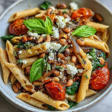 Freshly cooked Black-Eyed Pea Pasta tossed with cherry tomatoes, spinach, and herbs in a rustic bowl.