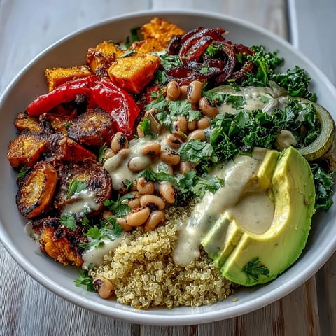 Serving suggestion for a hearty Black-Eyed Pea Buddha Bowl featuring fluffy quinoa, wilted spinach, and spiced black-eyed peas on a rustic wooden table.