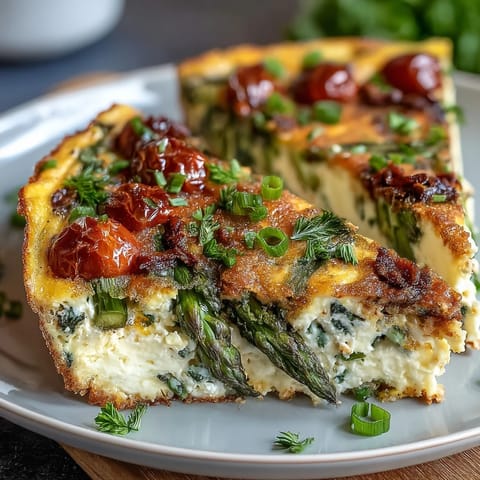 Spring Veggie Frittata with Asparagus and Goat Cheese, loaded with fresh spring vegetables and creamy goat cheese, baked until golden and fluffy.