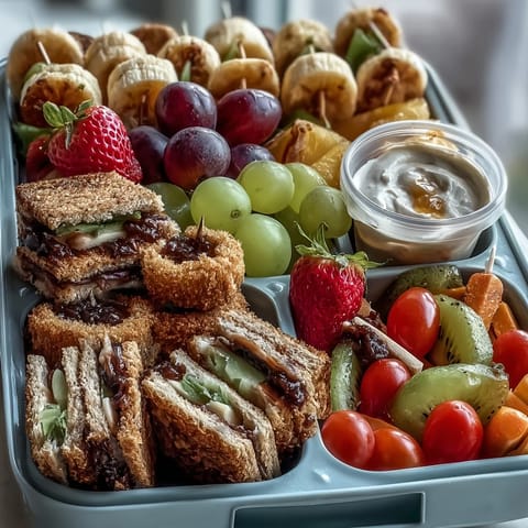 Fun Kid Lunch Bento Box with Fruit Skewers and Dip featuring colorful fruit kabobs, creamy yogurt dip, and playful sandwich shapes for a healthy, kid-approved meal.  