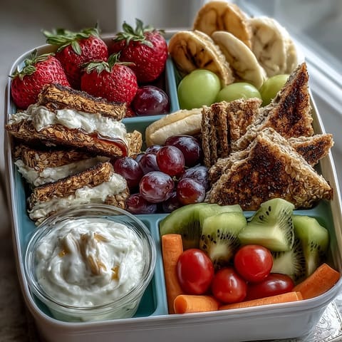 Vibrant bento box with fresh fruit skewers, cherry tomatoes, carrot sticks, and a sweet yogurt dip—perfect for school lunches or picnics.  