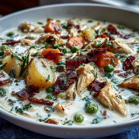Slow Cooker Chicken Pot Pie Soup with tender chicken and hearty vegetables in a creamy broth.  