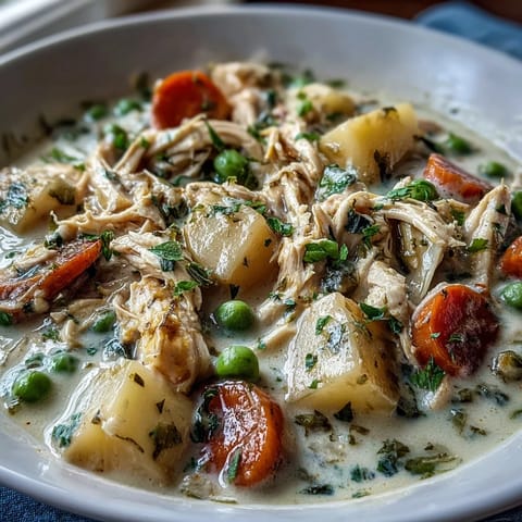 Creamy chicken pot pie soup with golden potatoes, carrots, and peas served in a cozy bowl.  