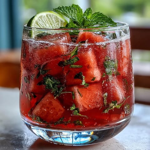 Refreshing watermelon mint vodka spritz mocktail with vibrant mint and citrus, served over ice with sparkling water.