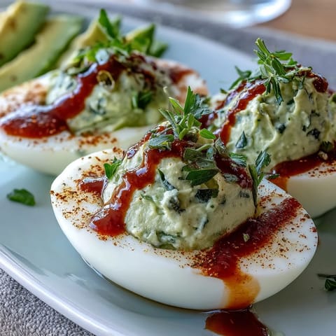 Creamy avocado deviled eggs topped with a spicy Sriracha drizzle, garnished with fresh cilantro and paprika.  