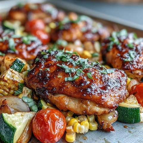 Juicy chicken breasts roasted with zucchini, sweet corn, and cherry tomatoes on a single sheet pan for an easy summer dinner.