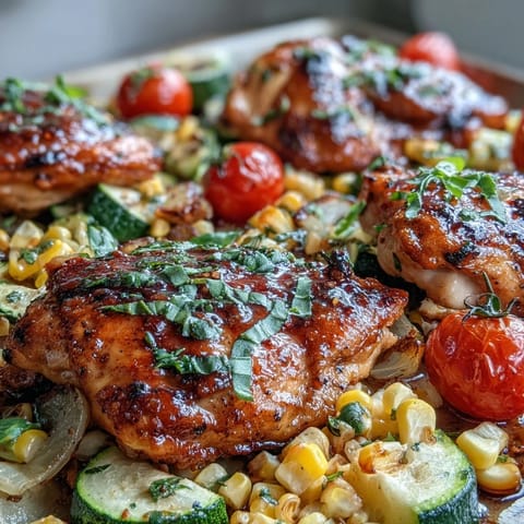 Vibrant one-pan meal with tender chicken, roasted zucchini, and golden corn, seasoned with lemon and smoked paprika.