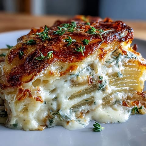 A rich, garlicky cream sauce coats delicate potato slices, topped with melted Gruyere and Parmesan for a savory, cheesy side dish.  