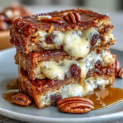 Layered Easy Capirotada with toasted bread, sweet piloncillo syrup, raisins, and cheese, baked until golden and bubbling.
