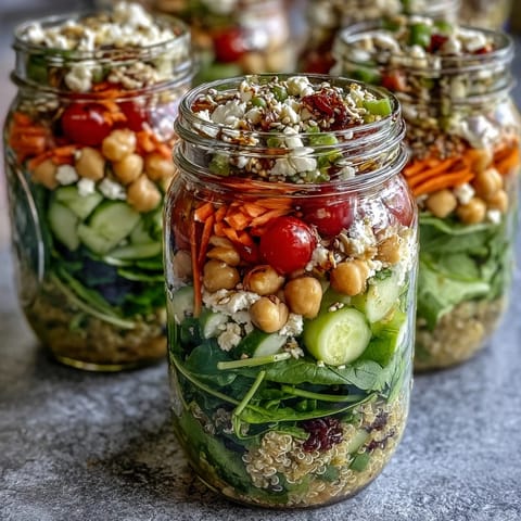 Vibrant layered mason jar salads packed with quinoa, chickpeas, and fresh veggies for healthy summer meal prep.