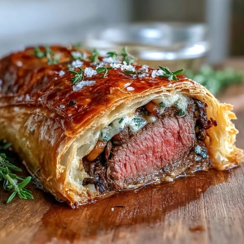 Mini Beef Wellingtons with savory mushroom filling, wrapped in buttery puff pastry and baked to a crisp golden finish.  