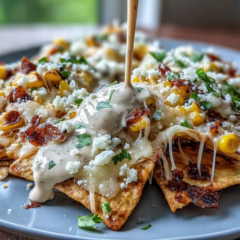 Cinco de Mayo Elote Nachos with Chipotle Crema, loaded with charred corn, melted cheese, and smoky chipotle drizzle.  