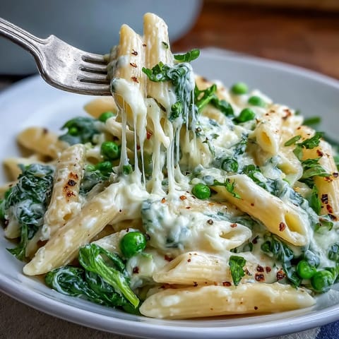 One-Pot Lemon Ricotta Pasta with Peas and Spinach in a creamy lemon sauce with vibrant green vegetables and melted cheese.