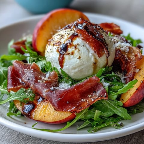 Creamy burrata and juicy peaches with prosciutto on fresh greens, drizzled with balsamic glaze.  