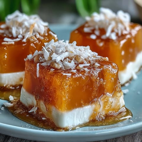 Vibrant mango agar-agar jelly cubes layered with creamy coconut milk, a refreshing vegan dessert with tropical flavor and smooth texture.