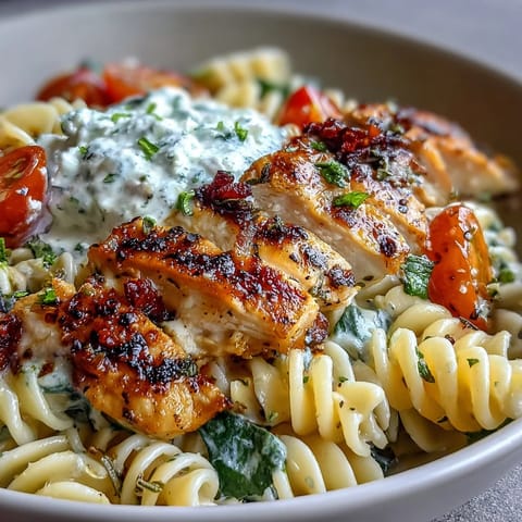 High protein pasta bowl with grilled chicken, cottage cheese, and spinach in a creamy, nourishing mix.  