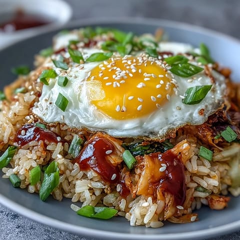 Spicy kimchi cabbage fried rice with tangy fermented vegetables and a golden fried egg, served in a bowl with sesame seeds and green onions.