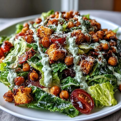 Creamy vegan Caesar salad overflowing with crunchy chickpea croutons for delightful texture.