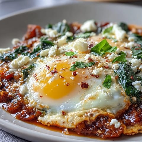 A skillet of spinach and feta shakshuka with eggs poached in spiced tomato sauce, garnished with fresh herbs.
