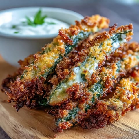 Golden, crispy pickle fries piled high alongside a creamy spicy mayo dip.
