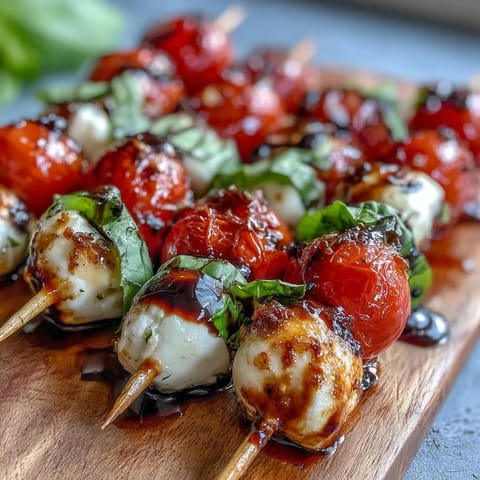 Fresh Caprese skewers appetizer with vibrant basil, cheese, ready to serve.