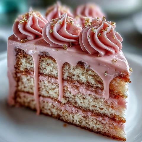 Elegant pink Bridal Shower Rosé Velvet Cake with shimmering gold drip.