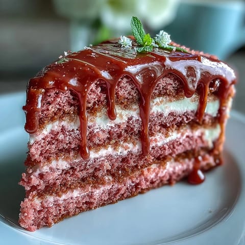Rosé Velvet Cake with luscious cream cheese frosting, elegantly adorned with gold.
