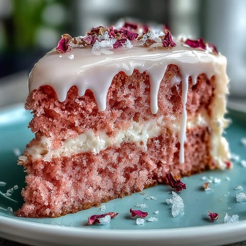 Elegant pink rosé velvet cake adorned with a shimmering edible gold drip.