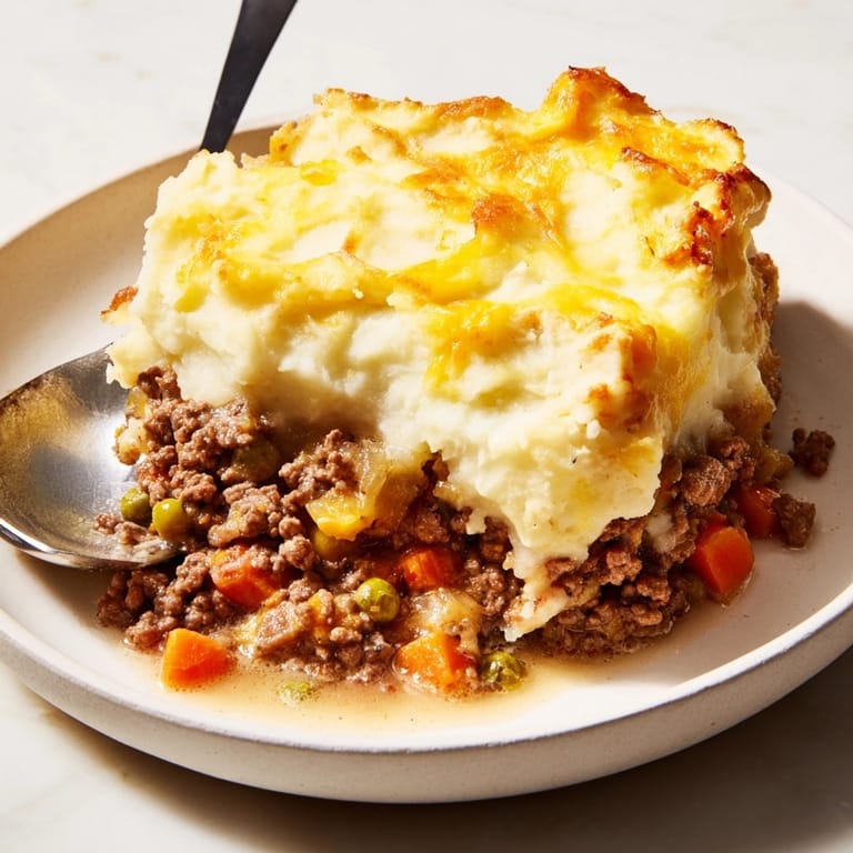 Savory rustic shepherds pie recipe featuring tender lamb and vegetables beneath creamy, cheesy potatoes.