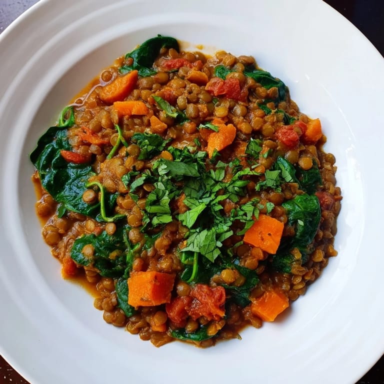 Close-up of hearty Lentil and Spinach Curry with visible lentils and glistening spinach; a warming delight.