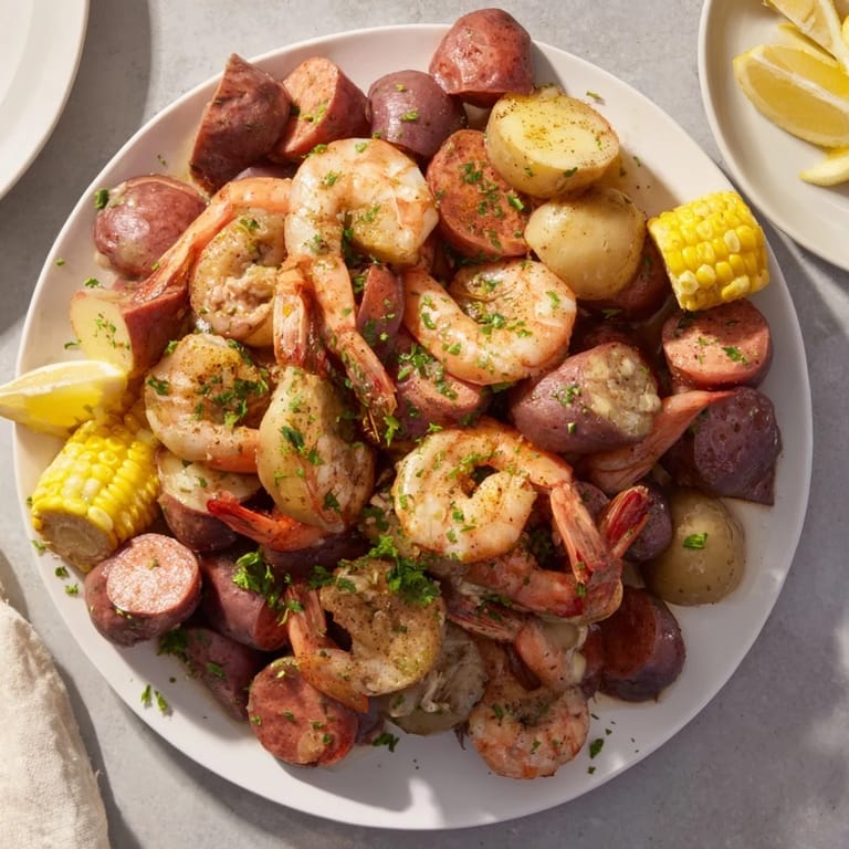 This one-pot shrimp boil offers a delightful medley of seafood, vegetables, and savory spices.