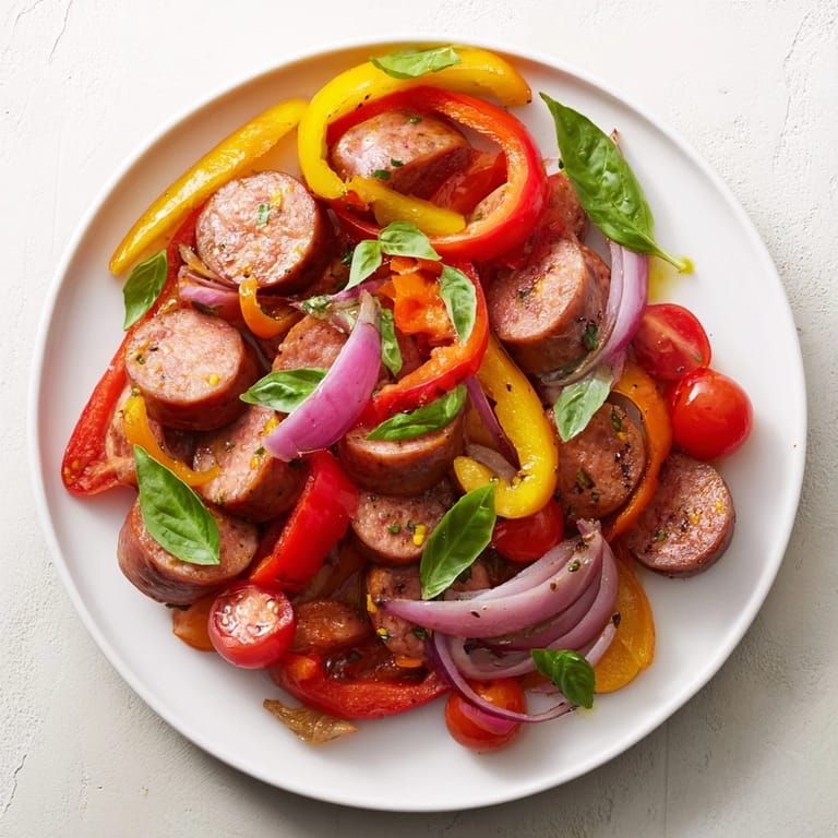 One-pan Basil-Boosted Sausage and Pepper Skillet Supper: a close-up of fragrant basil atop the flavorful dish.