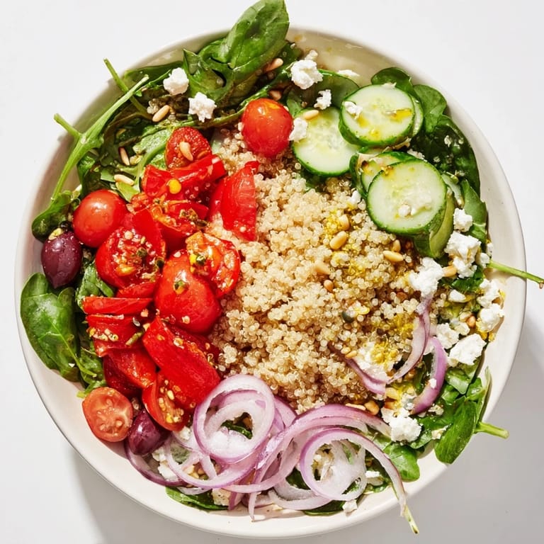 Delicious and healthy Mediterranean grain bowl, a delightful mix of textures and bright, Mediterranean flavors.
