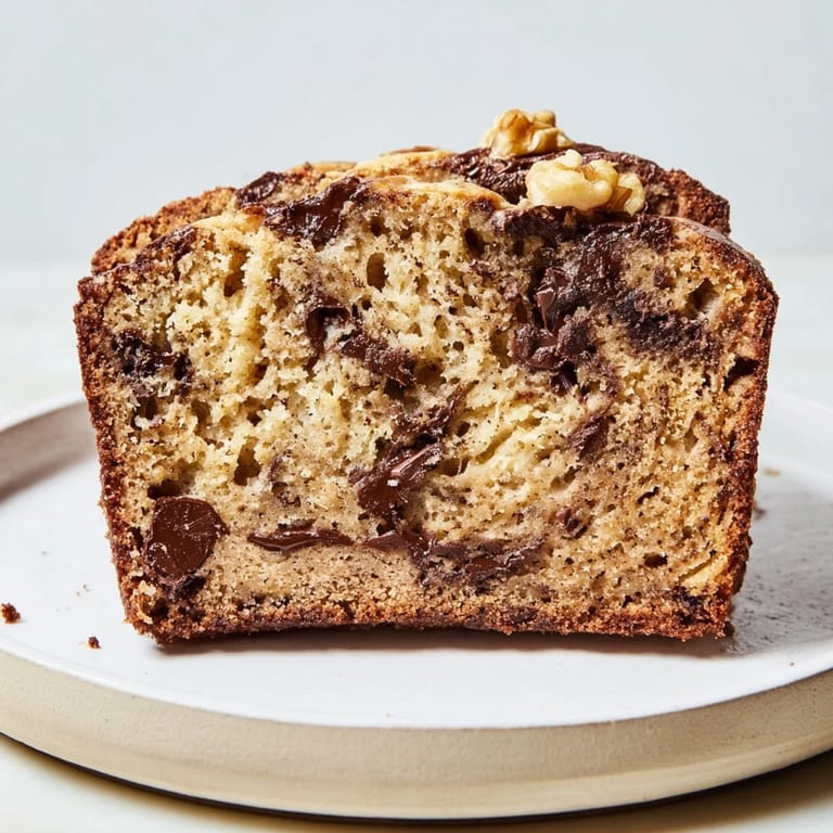 Golden-brown loaf of homemade Chocolate Chip Banana Bread, sprinkled with chocolate chips and nuts.