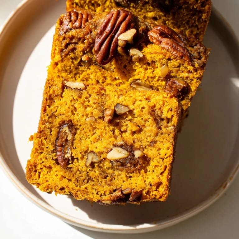 Warmly spiced and golden brown Weekend Cabin-Style Sweet Potato and Pecan Loaf, freshly baked and fragrant.