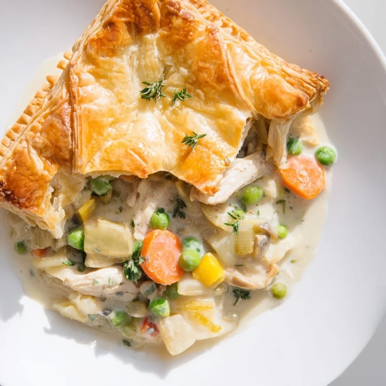 Close-up of a warm Laurel & Herb Chicken Pot Pie, showcasing a buttery, perfectly browned, baked crust.