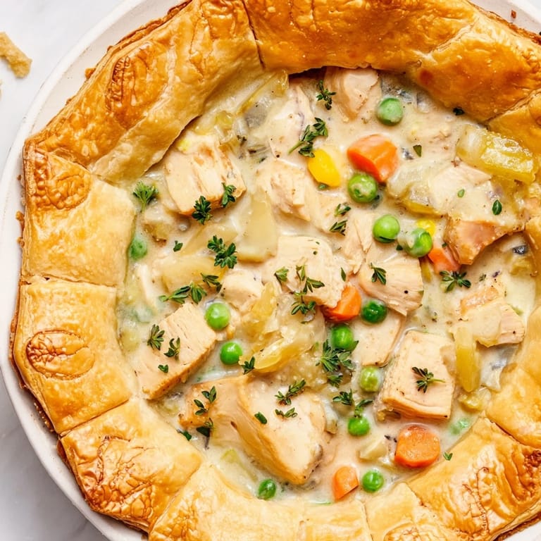 A rustic and delicious slice of Laurel & Herb Chicken Pot Pie, bubbling with savory filling and flaky crust.