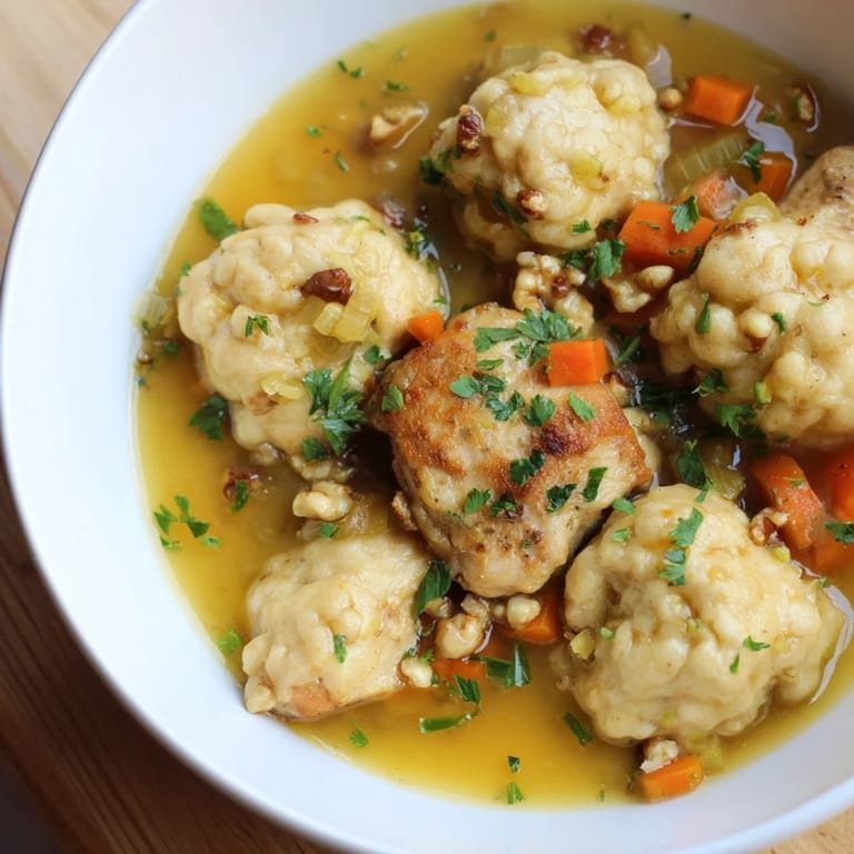 Fluffy dumplings top the steaming Nut-Warm Homestyle Chicken and Dumplings stew, offering a rich, nutty aroma.