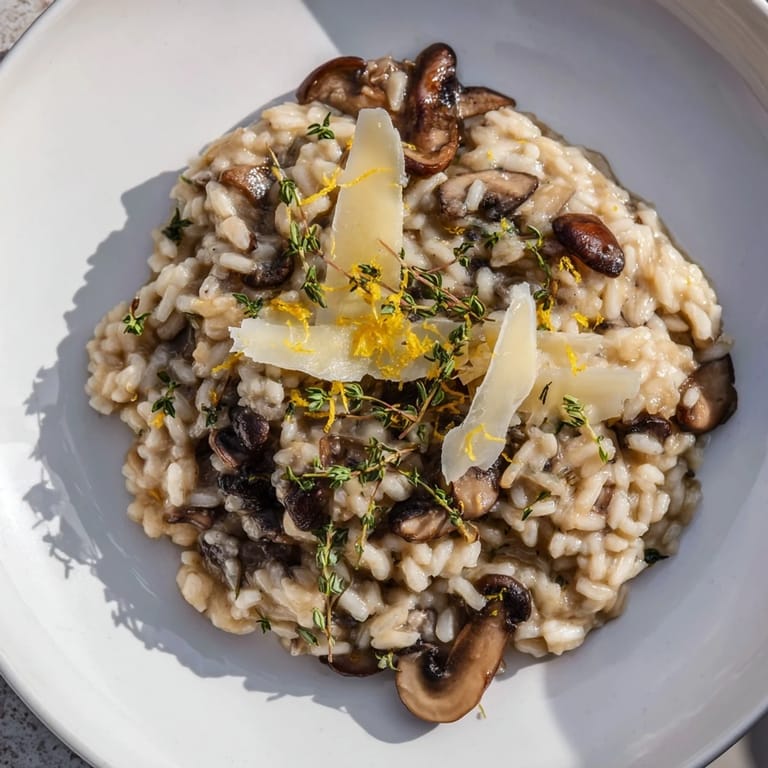 A close-up of Cedar-Warm Mushroom and Thyme Risotto shows the thyme garnish atop a creamy, textured dish.